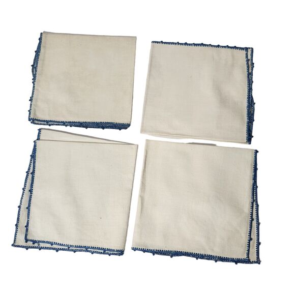 VTG 1970 EMBROIDERED NAPKIN SET 4 LOTUS FLOWER BLUE YELLOW HANKIE BRIDAL LINEN - Picture 4 of 7